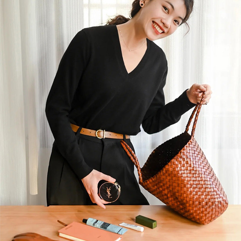 Woven Handmade Retro First Layer Cowhide Women Handbag