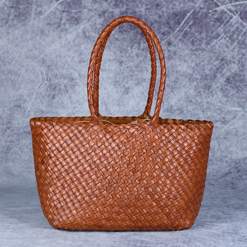 Woven Handmade Retro First Layer Cowhide Women Handbag