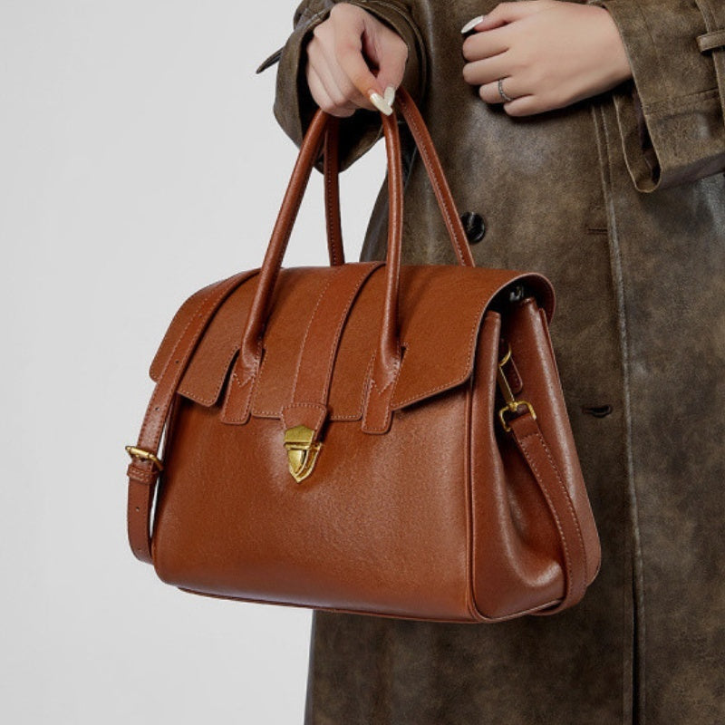 Mallette rétro portable en cuir véritable de grande capacité