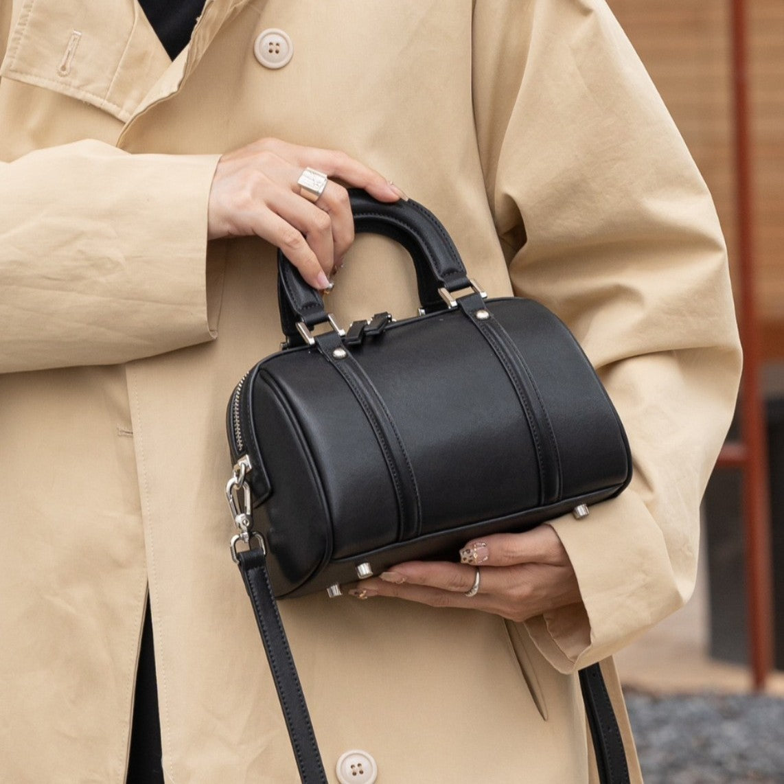 Versatile Cylindrical Leather handle satchel Bag