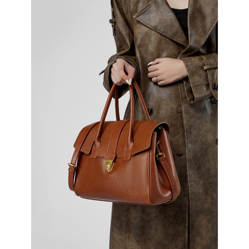 Mallette rétro portable en cuir véritable de grande capacité