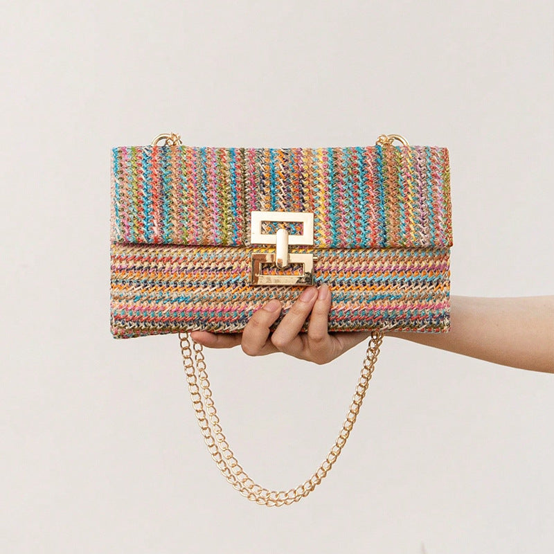 Multi-compartment Chain Flap Screw Lock Straw Shoulder Bag