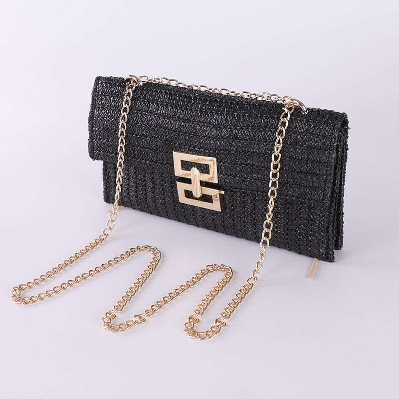 Multi-compartment Chain Flap Screw Lock Straw Shoulder Bag