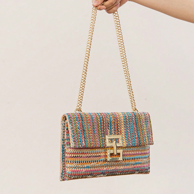 Multi-compartment Chain Flap Screw Lock Straw Shoulder Bag