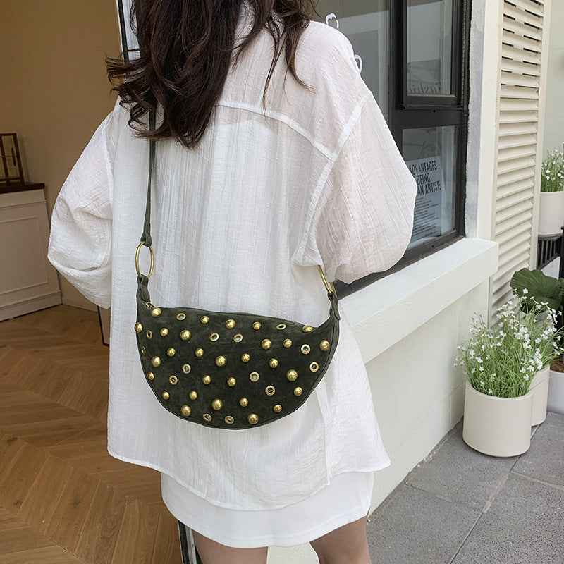 Retro Rivet Bag Frosted Imitation Buckskin Commuter's All-matching Shoulder Underarm Bag