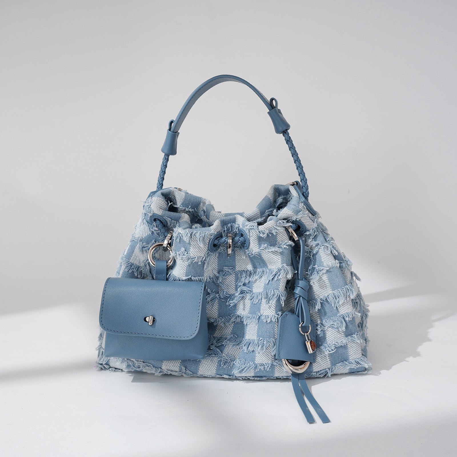 High-grade Niche First Layer Cowhide With Denim Shoulder Bag