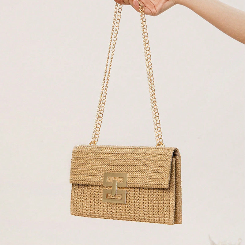 Multi-compartment Chain Flap Screw Lock Straw Shoulder Bag