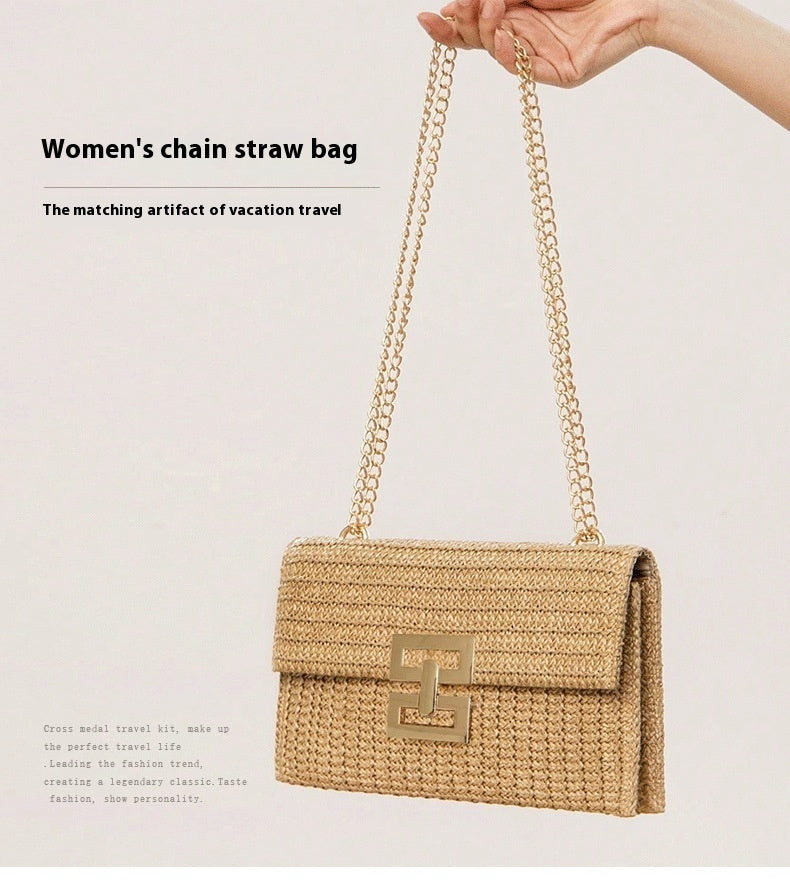 Multi-compartment Chain Flap Screw Lock Straw Shoulder Bag