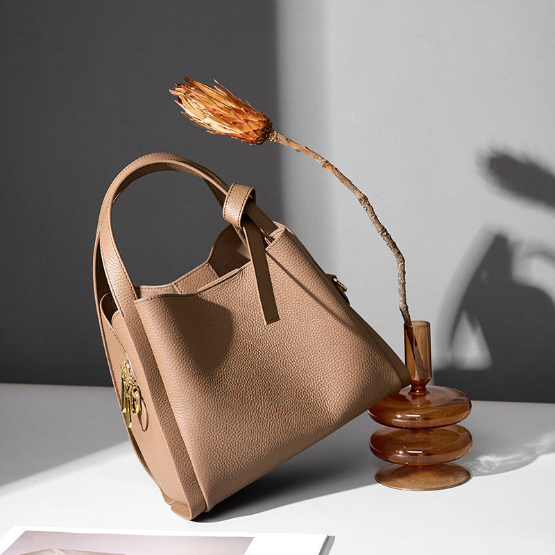 Genuine Leather Portable Crossbody Bucket Bag