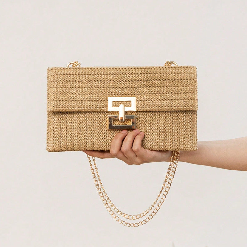 Multi-compartment Chain Flap Screw Lock Straw Shoulder Bag