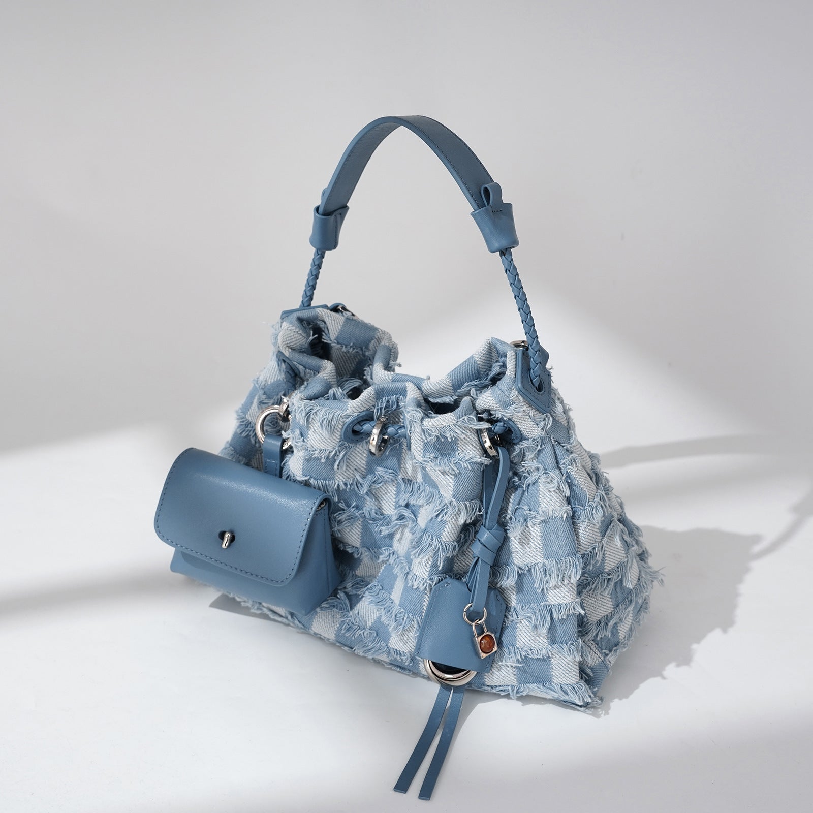 High-grade Niche First Layer Cowhide With Denim Shoulder Bag