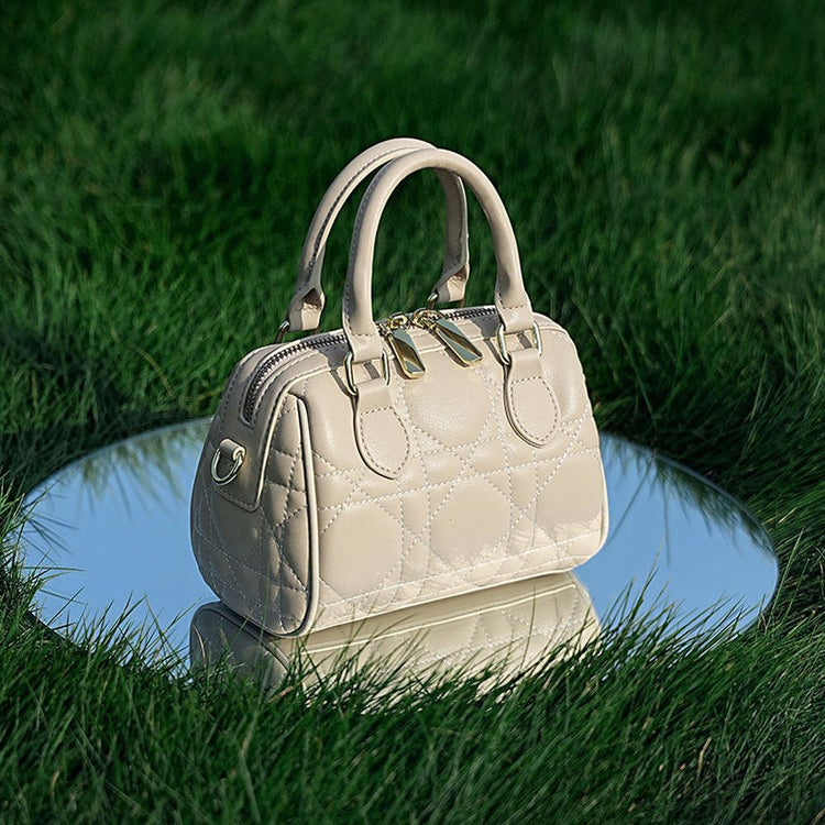 Genuine Leather Rhombus Boston Shoulder Bag