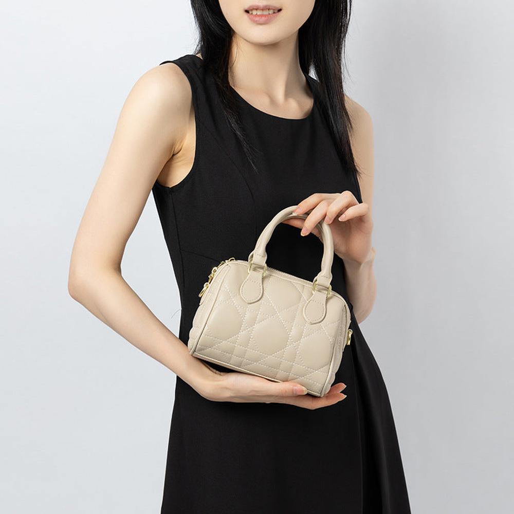 Genuine Leather Rhombus Boston Shoulder Bag