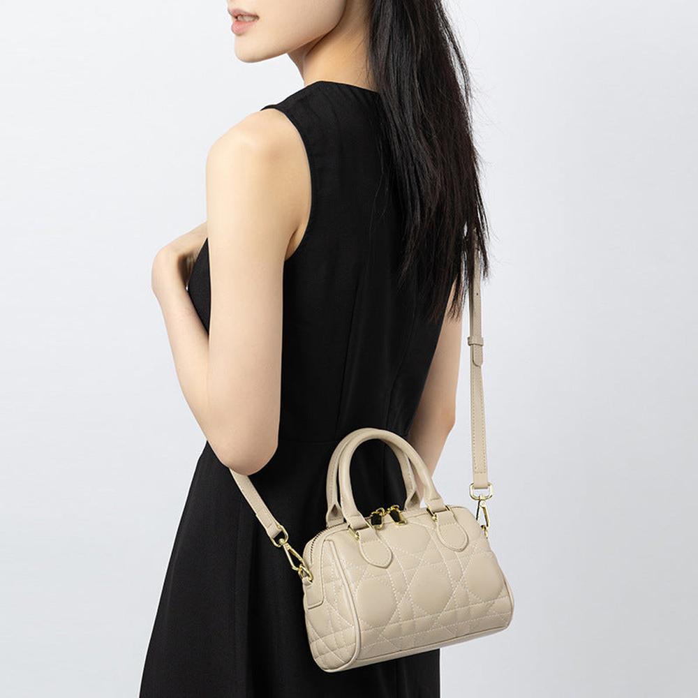 Genuine Leather Rhombus Boston Shoulder Bag