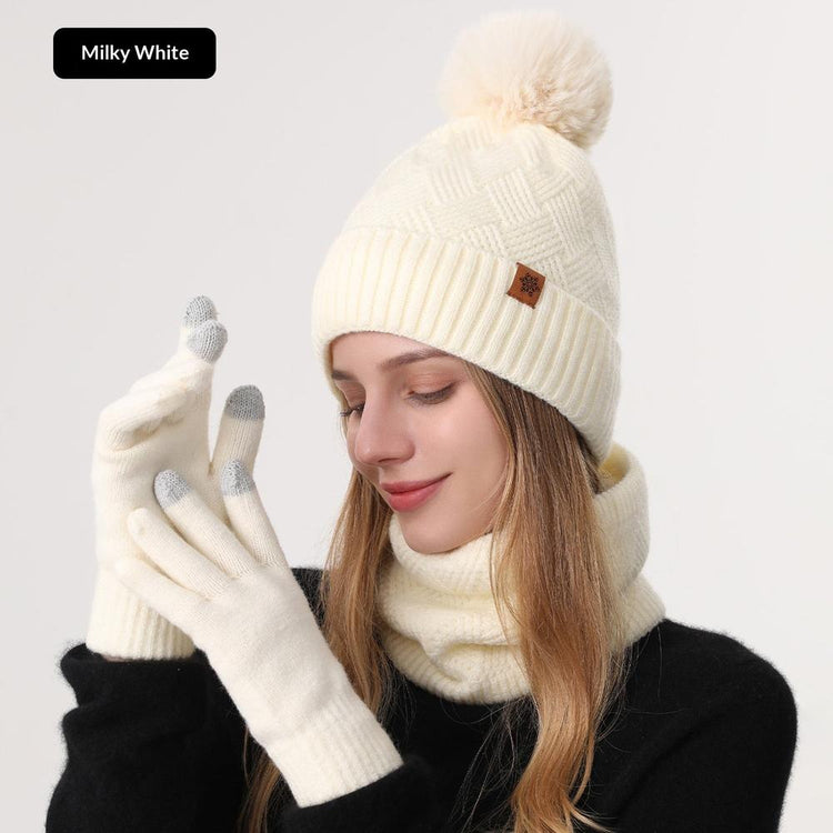 Ladies Warm Knitted Hat Scarf And Gloves Three-Piece Set