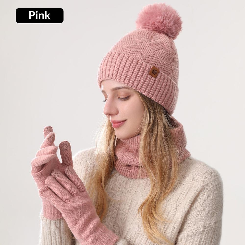 Ladies Warm Knitted Hat Scarf And Gloves Three-Piece Set