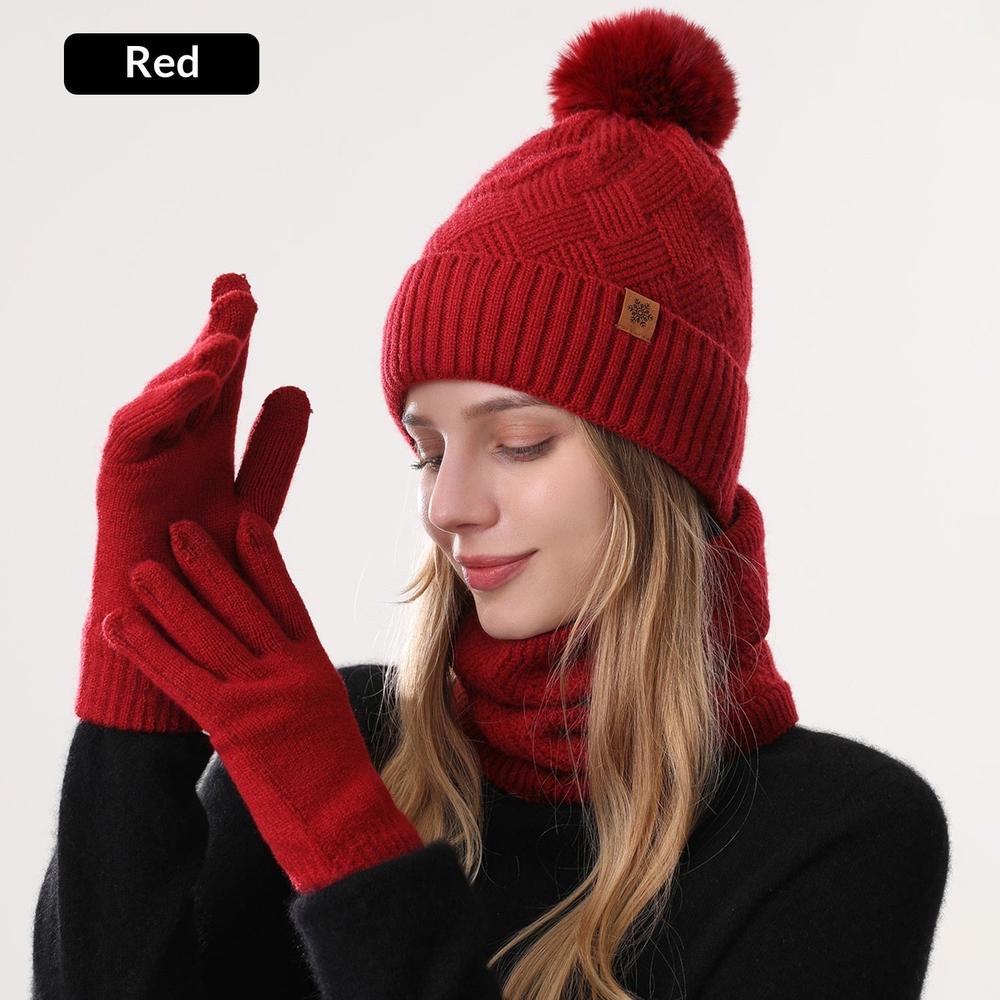 Ladies Warm Knitted Hat Scarf And Gloves Three-Piece Set