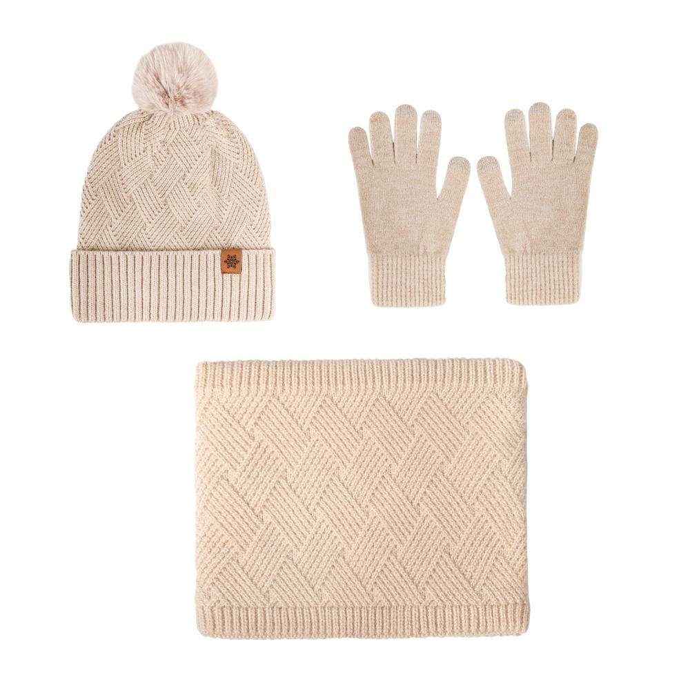 Ladies Warm Knitted Hat Scarf And Gloves Three-Piece Set