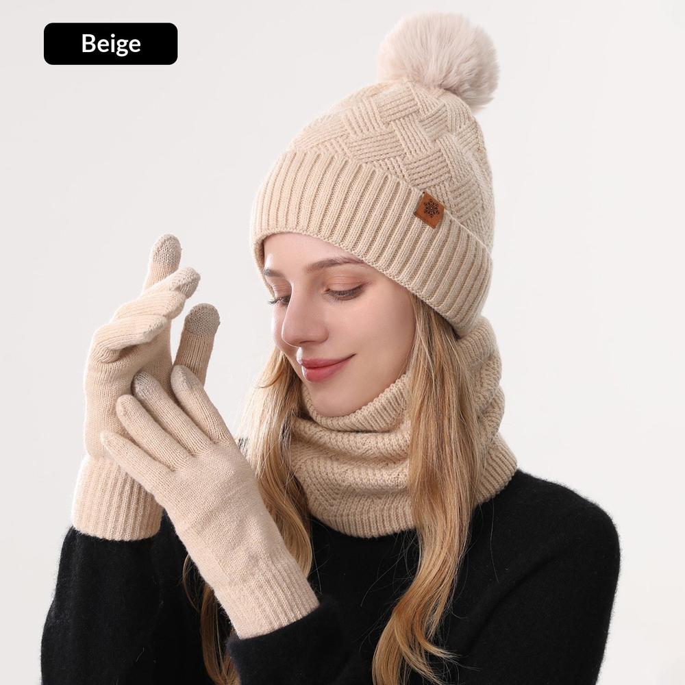 Ladies Warm Knitted Hat Scarf And Gloves Three-Piece Set
