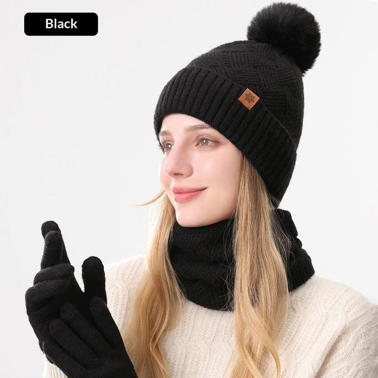 Ladies Warm Knitted Hat Scarf And Gloves Three-Piece Set