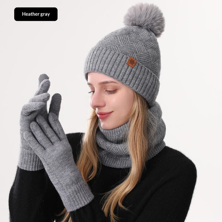 Ladies Warm Knitted Hat Scarf And Gloves Three-Piece Set