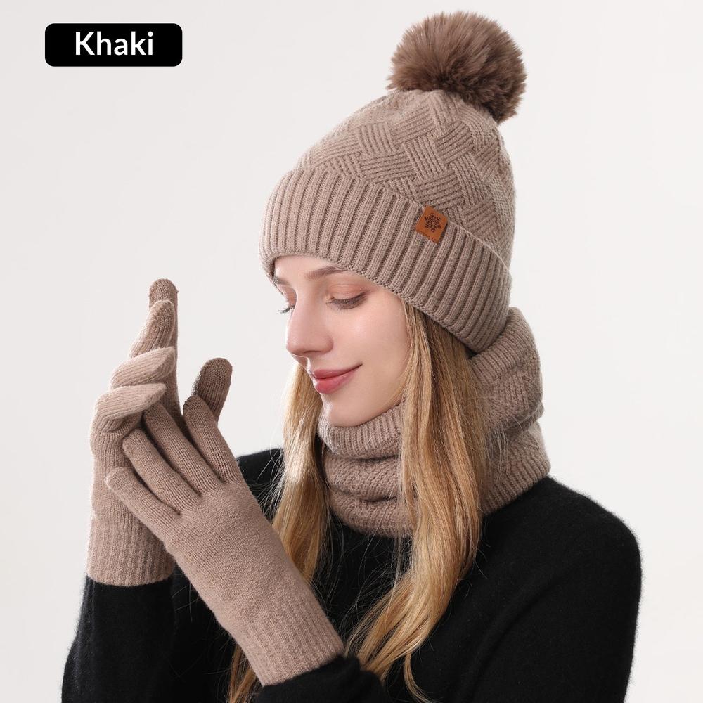 Ladies Warm Knitted Hat Scarf And Gloves Three-Piece Set