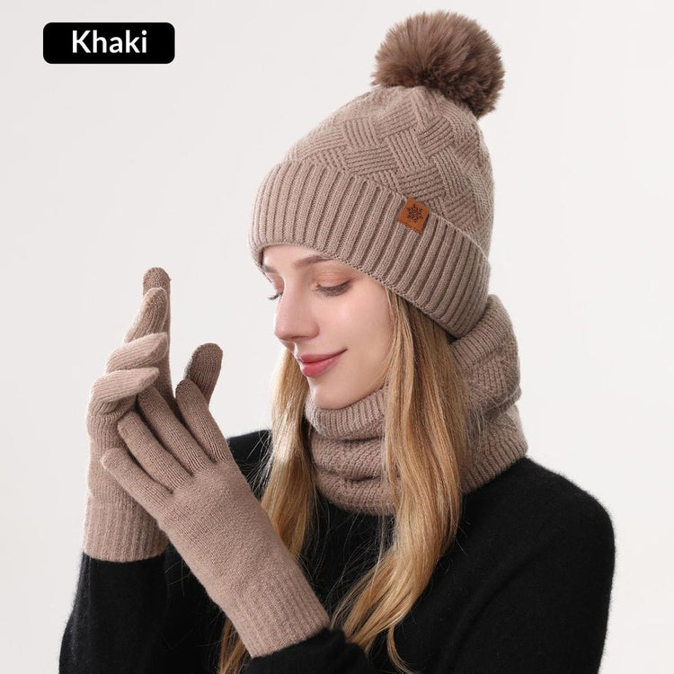 Ladies Warm Knitted Hat Scarf And Gloves Three-Piece Set