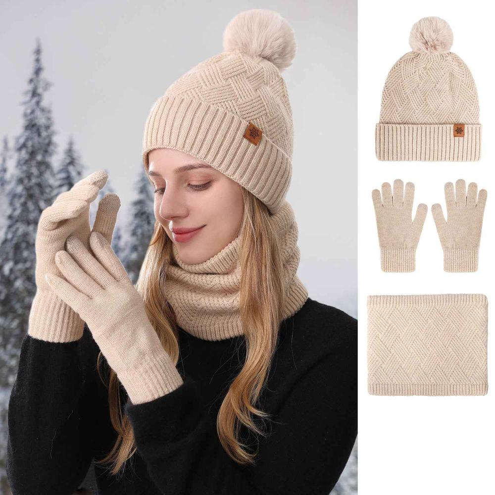 Ladies Warm Knitted Hat Scarf And Gloves Three-Piece Set