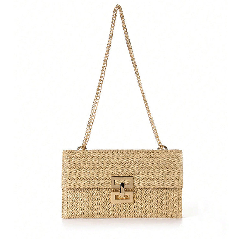 Multi-compartment Chain Flap Screw Lock Straw Shoulder Bag