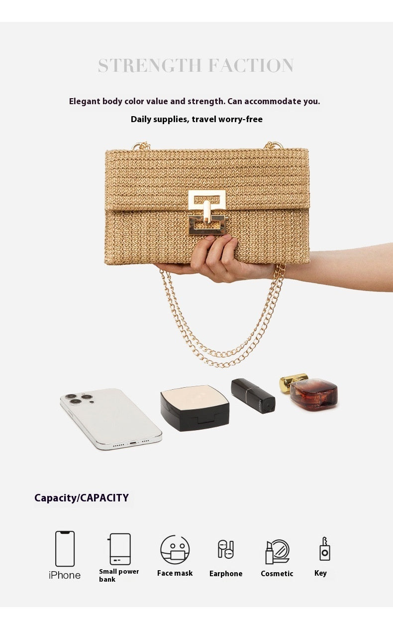 Multi-compartment Chain Flap Screw Lock Straw Shoulder Bag