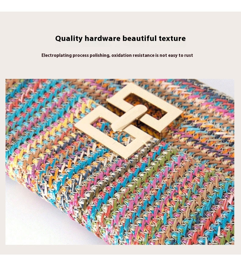 Multi-compartment Chain Flap Screw Lock Straw Shoulder Bag