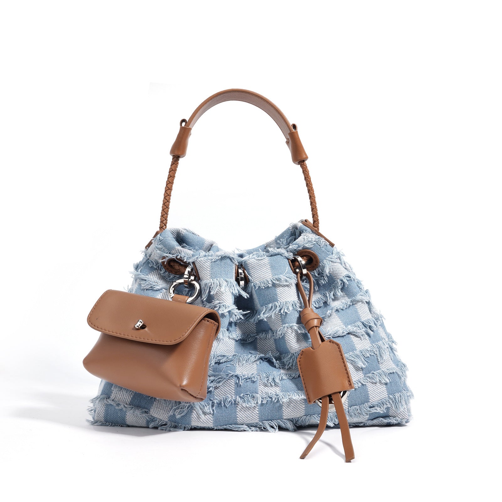 High-grade Niche First Layer Cowhide With Denim Shoulder Bag