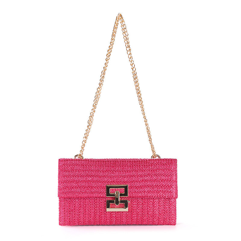 Multi-compartment Chain Flap Screw Lock Straw Shoulder Bag