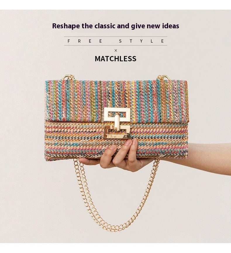 Multi-compartment Chain Flap Screw Lock Straw Shoulder Bag