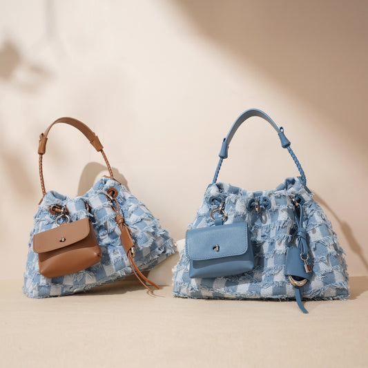 High-grade Niche First Layer Cowhide With Denim Shoulder Bag